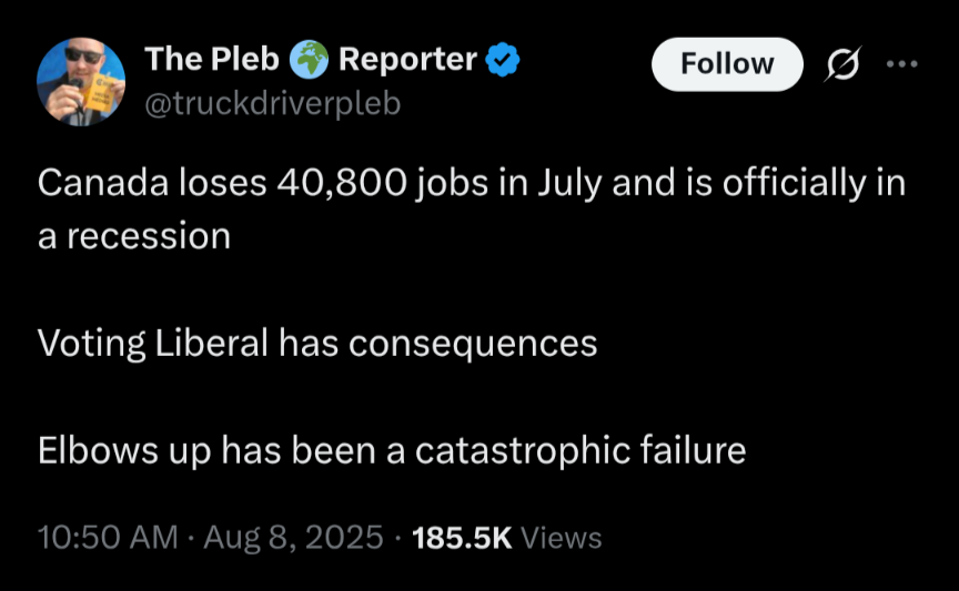 A recession is typically defined as two consecutive quarters of negative growth. 

We haven't even recorded the first one yet.

This hilarious account will just put it's name to anything if it punches down on Canada and drives clicks.