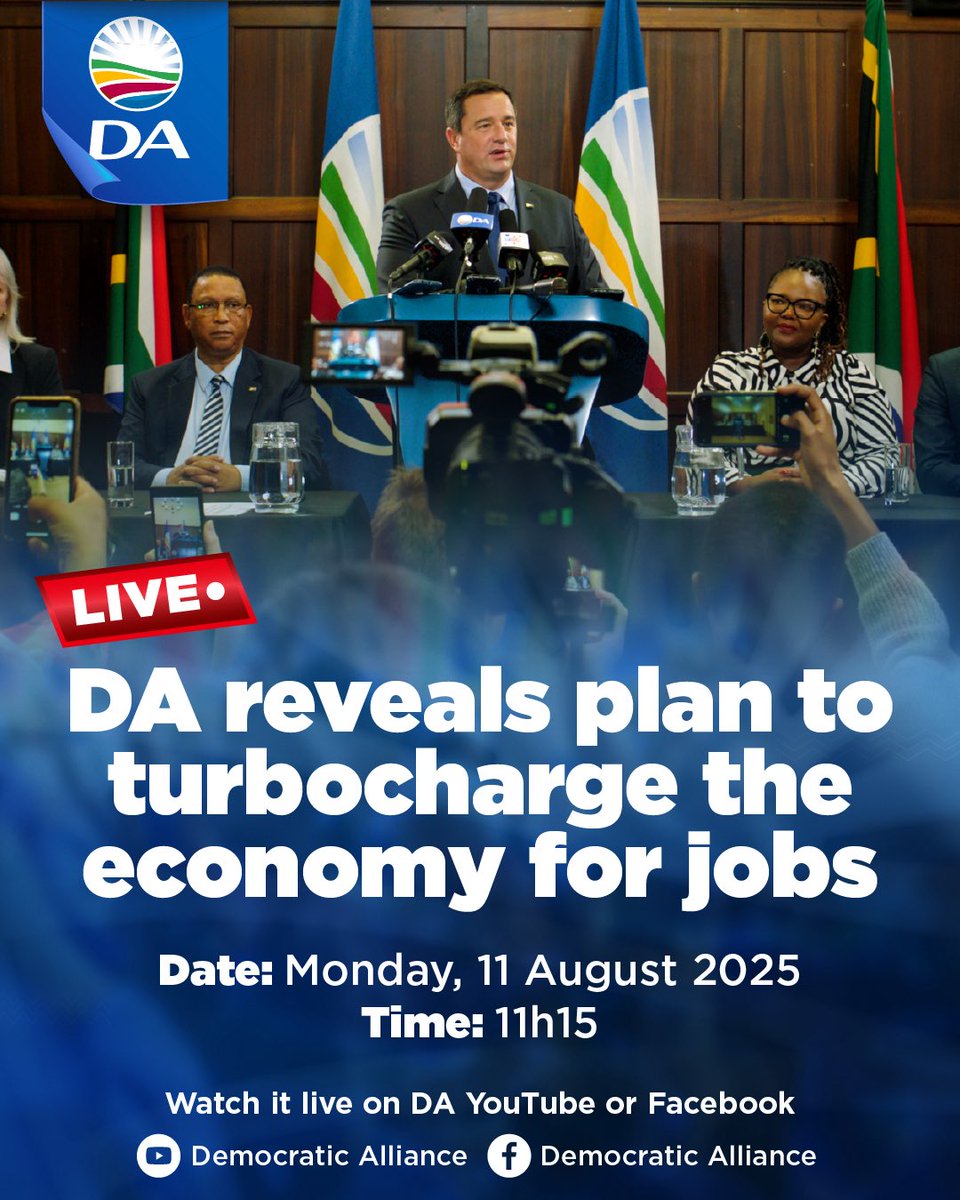 📣 This Monday at 11h15, DA Leader John Steenhuisen will unveil DA's bold reforms to turbocharge the economy for jobs, with practical alternatives to BEE, the Employment Equity Act &amp; the Expropriation Act.

Watch it live on our Facebook or YouTube pages: youtube.com/live/0k00CjREZ…