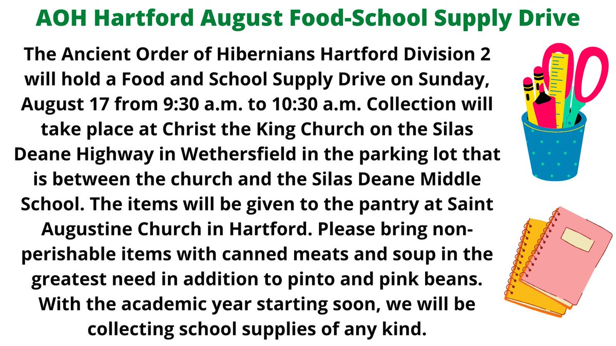 We will be holding our monthly drive next Sunday in <a href="/WethersfieldCT/">Historic Wethersfield</a> as we collect both food and school supplies for the pantry at Saint Augustine Parish in Hartford. Please consider a donation and reach out if you want to donate, but can't make the drive. <a href="/ArchdioceseHart/">Archdiocese of Hartford</a>