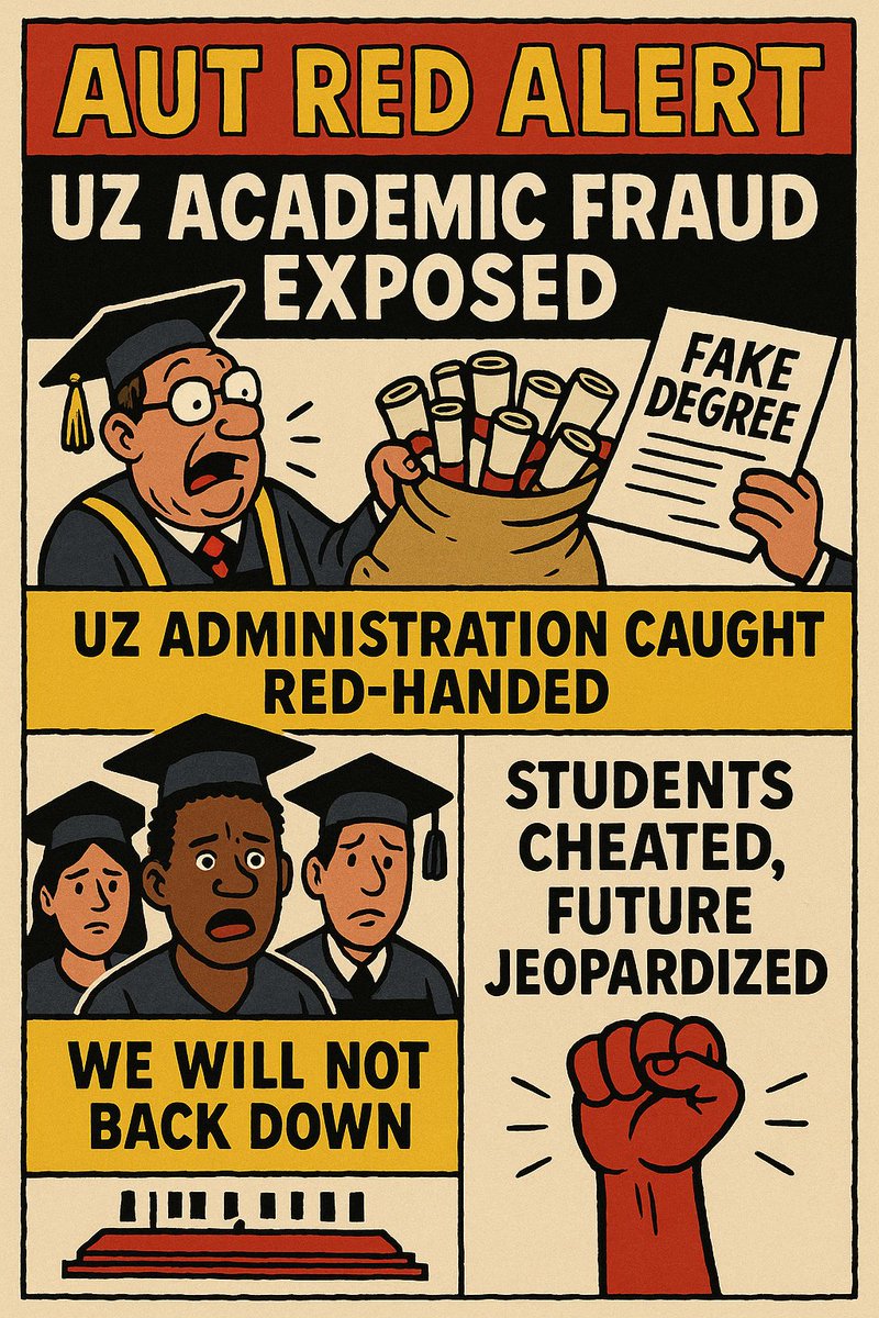 AUT_UZ's tweet photo. AUT RED ALERT: UZ ACADEMIC FRAUD EXPOSED

HIGH COURT INTERVENTION NEEDED
We've been forced to take drastic action to stop the University of Zimbabwe from conferring fraudulent degrees. Our High Court application seeks to interdict the Chancellor from proceeding with the graduation ceremony.

UZ ADMINISTRATION CAUGHT RED-HANDED
Our investigation has uncovered shocking evidence of academic fraud and corruption at the highest levels. The University of Zimbabwe has become a degree mill, churning out fake qualifications like a factory.

STUDENTS CHEATED, FUTURE JEOPARDIZED
The consequences of this fraud are dire. Thousands of students have been cheated of a quality education, and their future prospects are now in jeopardy.

WE WILL NOT BACK DOWN
We will not allow the UZ administration to get away with this academic fraud. We will fight to restore the integrity of our education system and ensure that students receive the quality education they deserve.

SOLIDARITY FOREVER!
#PagediHapanaMunhu #AUTUZisonStrike #StopAcademicFraud #NoToFakeResults #NoToFakeGraduates @NewsDayZimbabwe @NehandaRadio @ali_naka @LynneStactia @MakomboreroH @obeyshava1 @freemanchari @EFFSouthAfrica @shamauswa @advocatemahere @BitiTendai @daddyhope @ZdvNap @BBCAfrica @CNNAfrica @eNCA @ibbosnr @NDWGYouthWing @IanSmiththe3rd @crimewatchzw @NewsHawksLive @TembaMliswa @DMwonzora @MKomichi @JobSikhala1 @hwendec @adv_fulcrum @ZANUPF_Official @LarryMadowo