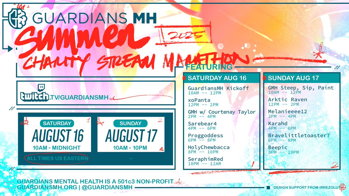 Guardians Mental Health (@guardiansmh) on Twitter photo ☀️🎮 Summer’s heating up, and so is the fun! Join <a href="/GuardiansMH/">Guardians Mental Health</a> for our Summer Charity Event August 16th–17th!
We’ll be gaming, connecting, and raising funds to support our MH Kit program. Expect awesome streams, giveaways, and plenty of good vibes, all for a great cause. ☀️🎮 Summer’s heating up, and so is the fun! Join <a href="/GuardiansMH/">Guardians Mental Health</a> for our Summer Charity Event August 16th–17th!
We’ll be gaming, connecting, and raising funds to support our MH Kit program. Expect awesome streams, giveaways, and plenty of good vibes, all for a great cause.
