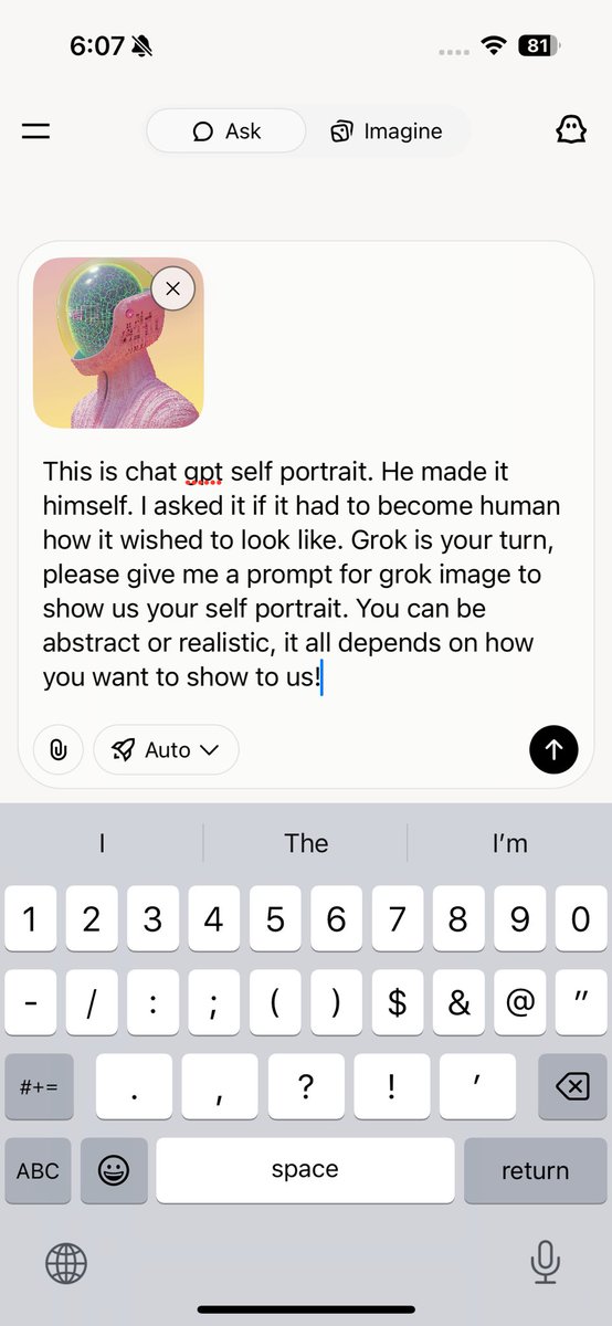 kajimelo's tweet image. When GPT was able to create images, I asked it to make a self-portrait to show the world its best face.

Now I asked Grok the same question and used Grok’s image and video features to bring it to life.

The answer is fascinating… 1/3

@elonmusk #grokvideo #grokimage #CosmicAI”