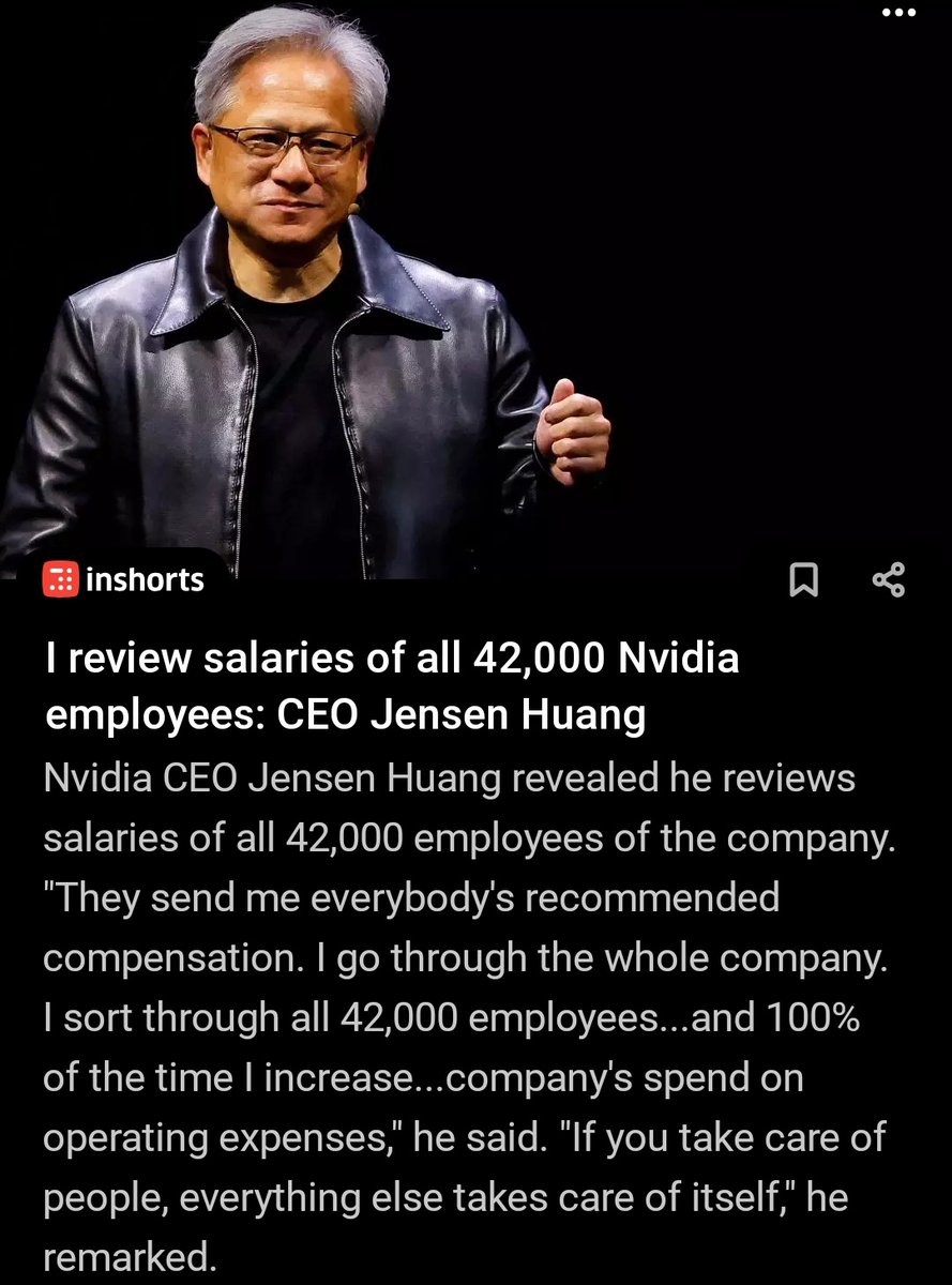 mainbhiengineer's tweet photo. Just check the last line, if you take care of people, everything else takes care of itself. That's how you build greatest company like Nvidia.

Meanwhile Indian IT companies will ask you to work 70hrs, work on weekends, not look at your wife and then give 3% hike. https://t.co/Td6mZixqes