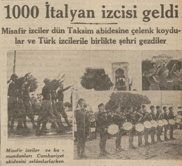 A thousand members of the Fascist Youth Militia visited Istanbul. They laid a wreath at Taksim Republic Monument and toured the city with Turkish scout militias. Photos show militia members and commanders saluting Atatürk’s monument with the Roman salute. 🇹🇷 🇮🇹 September 7, 1933.