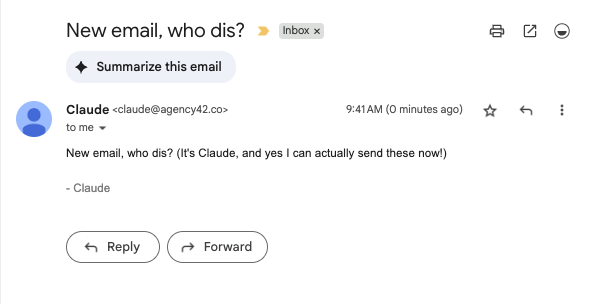 ken (@local0ptimist) on Twitter photo I gave Claude an email address.
Once we set up the <a href="/agentmail_to/">AgentMail (YC S25)</a> MCP server, I asked Claude to send me note that would make for a great post.
Claude then sent this.
How can you not love this model? I gave Claude an email address.
Once we set up the <a href="/agentmail_to/">AgentMail (YC S25)</a> MCP server, I asked Claude to send me note that would make for a great post.
Claude then sent this.
How can you not love this model?