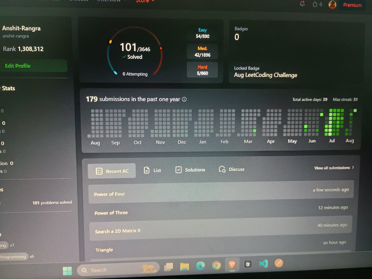 Anshit_Rangra's tweet image. Fever 🤒, vomiting 🤢, leg pain 🦵… and way too many sweets 🍫.
Still solved averages in aptitude, 5 DSA Qs, and crossed 💯 to hit 101!
#Consistency #DSA #NeverStopCoding