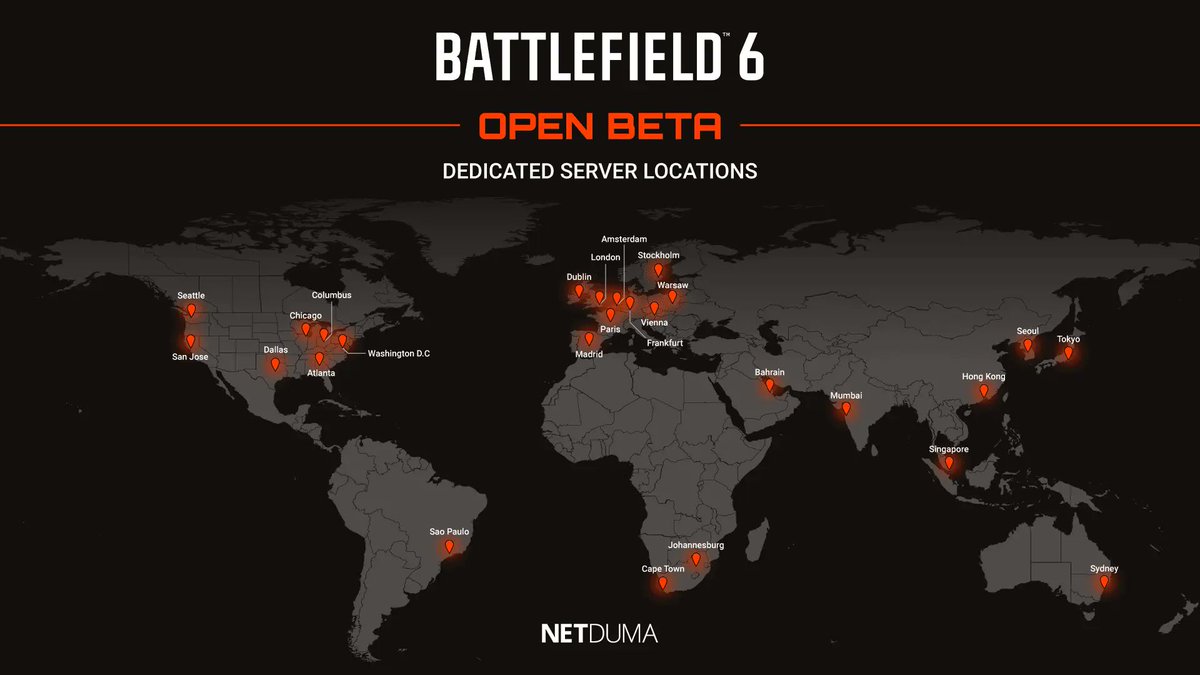 REPORT: Netduma (the company behind DumaOS) has identified all available server locations in the #Battlefield6's Open Beta.

There are servers in North and South America, Europe, The Middle East, South Africa, Oceania and Asia.

Previously, they had revealed the server locations