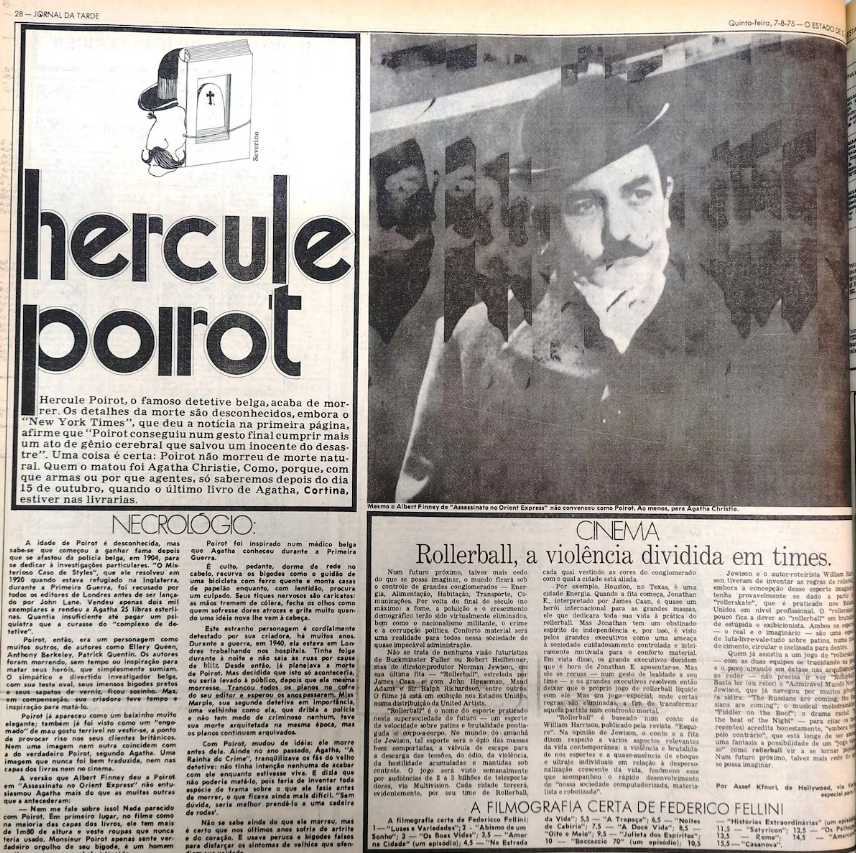 Obituário do detetive Poirot no Jornal da Tarde.
A data era 7 de agosto de 1975.

(Imagem: Estadão)
#agathachristie