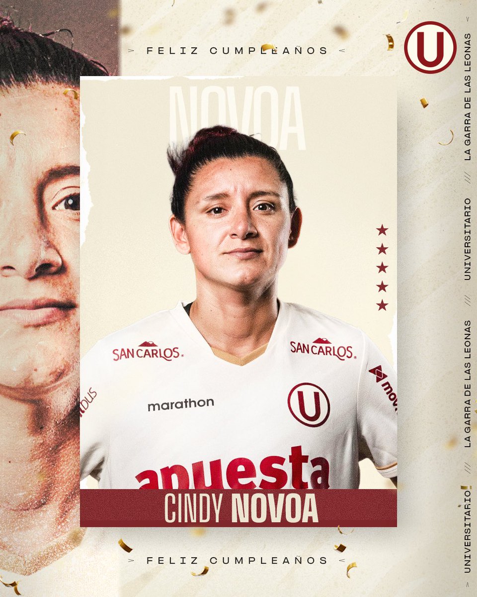 FutFemeninoU's tweet photo. ¡𝗙𝗘𝗟𝗜𝗖𝗜𝗗𝗔𝗗𝗘𝗦, 𝗖𝗜𝗡𝗗𝗬! 🎂🎩⚽️

Hoy está de cumpleaños Cindy Novoa Díaz, mediocampista de nuestro equipo femenino y campeona con la Ⓤ en cinco ocasiones.

🏆 2014, 2015, 2016, 2019 y 2023

#LaGarraDeLasLeonas https://t.co/AZuYWXLhg0