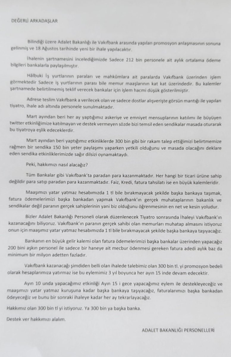Adalet Bakanlığı Personelleri değerli arkadaşlarım diyor ki 

En az 300 bin tl ya başka banka diyor!!!

Sesimizi duyun duyurun !!!!!

 #AdaletBakanlığıTekSes300Bin
<a href="/yilmaztunc/">Yılmaz TUNÇ</a> <a href="/ErcanSeki/">ERCAN SEKİ</a> <a href="/VakifBank/">VakıfBank</a> <a href="/YapiKredi/">Yapı Kredi</a> <a href="/GarantiBBVA/">Garanti BBVA</a> <a href="/ziraatbankasi/">Ziraat Bankası</a> <a href="/halkbanksizinle/">halkbanksizinle</a> <a href="/Halkbank/">Halkbank</a> <a href="/HSBC_TR/">HSBC Türkiye</a>