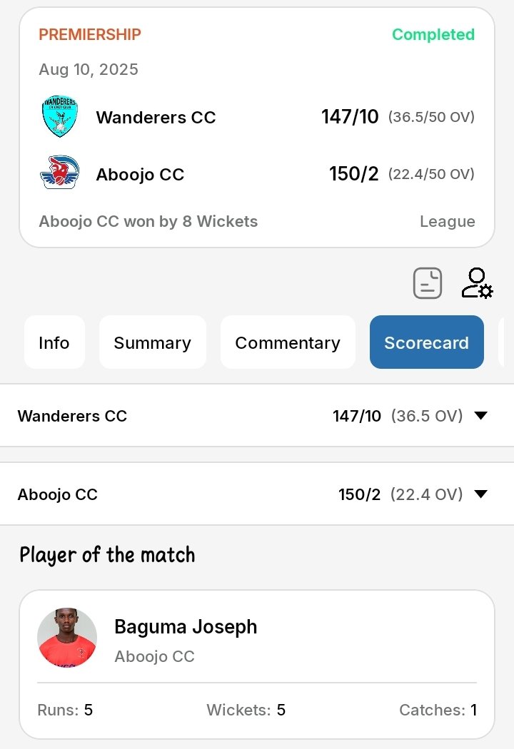 Dave 🏏🏏🥰 (@akiikidave) on Twitter photo Much needed Win from the #NyakasuraBoys(Aboojo) against #WanderersCC as they fight to not be relegated.
And an impressive performance from the young star <a href="/Baguma22/">Baguma Joseph 22</a> with the ball, who emerged Player of the match.
After picking a fifer.
#AboojoBaNyakasura
#NyakasuraCricket Much needed Win from the #NyakasuraBoys(Aboojo) against #WanderersCC as they fight to not be relegated.
And an impressive performance from the young star <a href="/Baguma22/">Baguma Joseph 22</a> with the ball, who emerged Player of the match.
After picking a fifer.
#AboojoBaNyakasura
#NyakasuraCricket