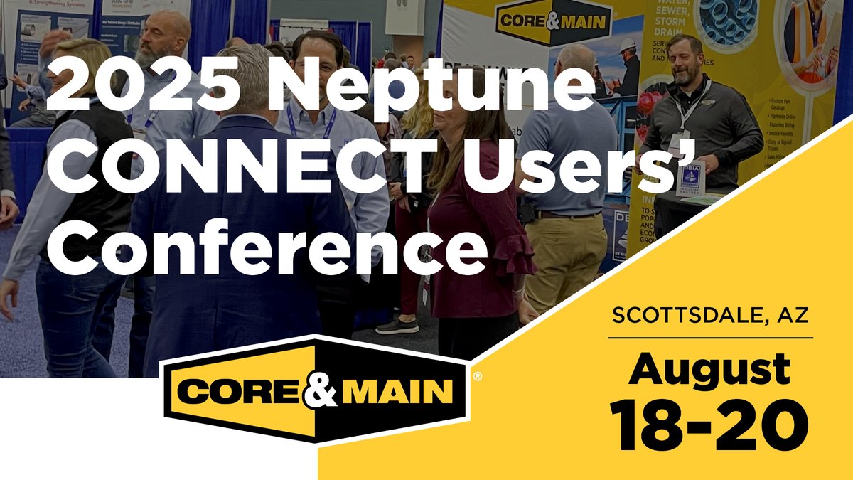 coreandmain's tweet photo. Headed to Scottsdale, AZ for #NEPTUNEConnect! Join Core & Main Aug. 18–20 as we explore smart water solutions and what’s next in utility innovation. #coreandmain #coremazing #tradeshow https://t.co/0Flm60bAmm