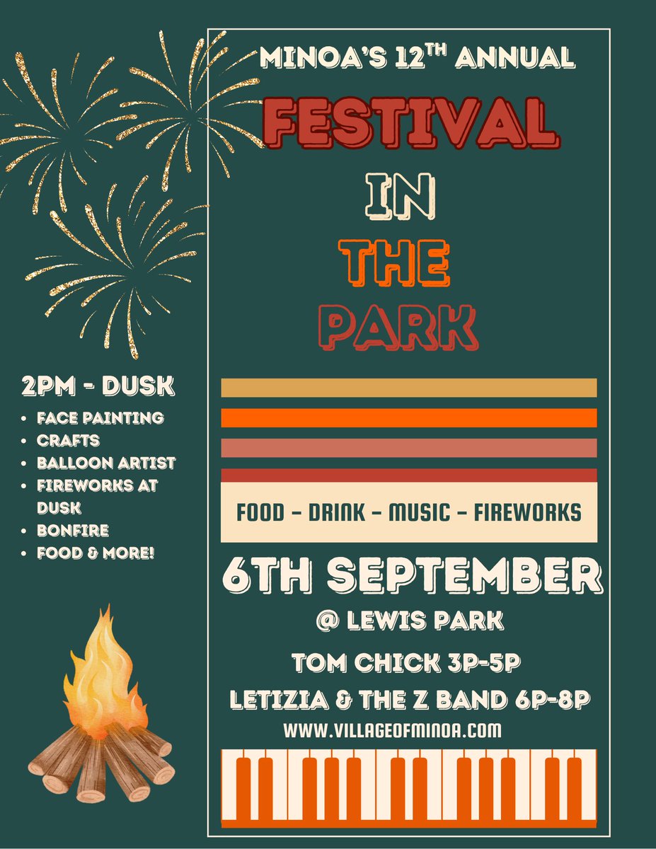 villageofminoa's tweet photo. Save the Date. September 6, 2:00 - Dusk, 12th Annual Festival in the Park, Fireworks, Bonfire, Vendors and more. Tom Chick from 3-5 Letizia and the Z Band 6-8. Vendors sign up at the Village Office or on line.
#NOA #minoashininbrightly
#madeinminoa #est1913 #Festivalinthepark2025
@OnondagaCounty
@NYMayors