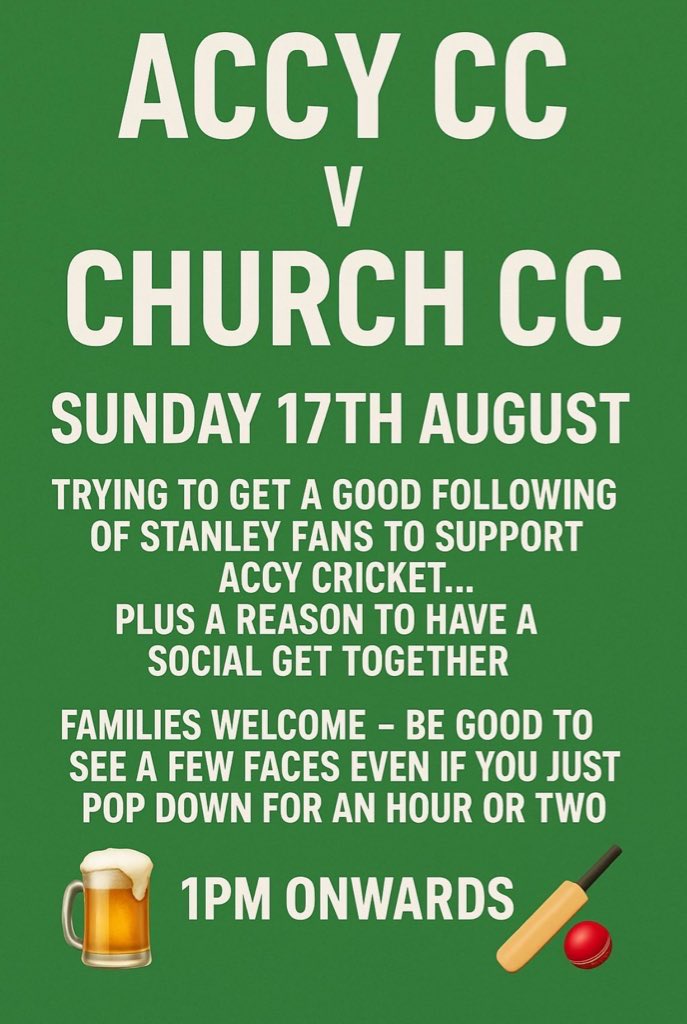 Past And Present ASFC (@asfcplayers) on Twitter photo Stanley Social. 🏏🍻
For anyone with no plans next Sunday.
Get yourself down to <a href="/AccringtonCC/">Accrington Cricket Club</a> v Church CC.
Families welcome.
#asfc Stanley Social. 🏏🍻
For anyone with no plans next Sunday.
Get yourself down to <a href="/AccringtonCC/">Accrington Cricket Club</a> v Church CC.
Families welcome.
#asfc