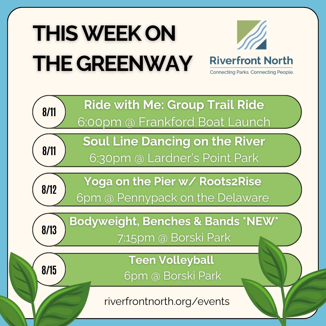 Your week at a glance along the Riverfront North Greenway 🚲

All info can be found at riverfrontnorth.org/events!