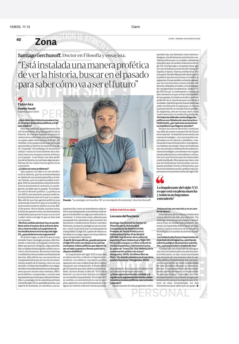 EN CLARÍN DE HOY DOMINGO, MI ENTREVISTA AL FILÓSOFO SANTIAGO GERCHUNOFF  (<a href="/sangerchu/">Santiago Gerchunoff</a>)
Este diálogo a fondo se publicó en la sección “Zona”, página 40 de la edición impresa. Comparto el reportaje acá 👇 

clarin.com/opinion/santia…