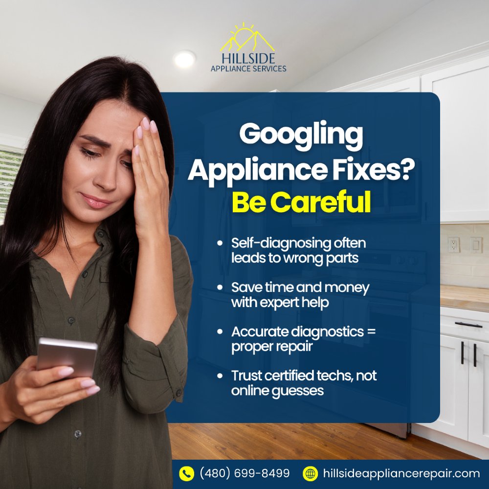 hillsideaz's tweet photo. Google might help with recipes—but not with appliance repair.

A common mistake homeowners make is guessing the issue and buying parts online.

The result?

Wrong part, wasted time, and no fix.

Our trained techs use real diagnostics, not guesswork, to get repairs done right the first time.

Book a professional visit at https://t.co/JoyAFKZ0Ev or (480) 699-8499.

#DIYGoneWrong #GuessLessFixMore #PhoenixApplianceMyths #ScottsdaleHomeHelp #ApplianceAdviceAZ #WrongPartWoes #HillsideKnowsBetter #TechsOverTabs