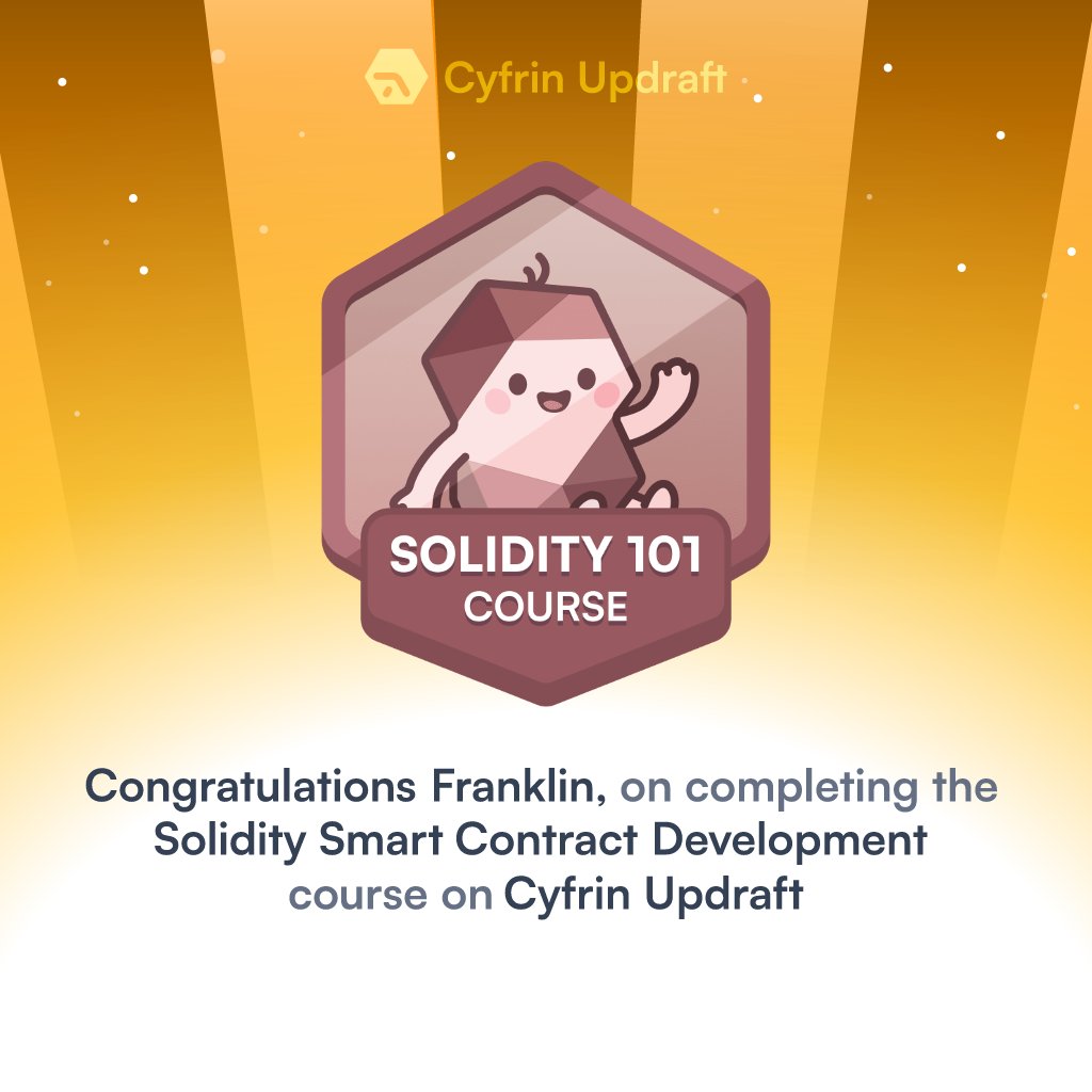 Frankhyper11's tweet photo. I have earned the Solidity Smart Contract Development achievement on @CyfrinUpdraft! 

You can too! 🎉 

Visit my Cyfrin profile to see it:
 https://t.co/GGyzVmP23b https://t.co/8ZOEIAvAnb