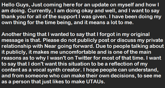 Hello Guys, coming here to give an update on how I'm doing. I hope everyone is doing well.

Just need to say another thing, and hope people can understand.