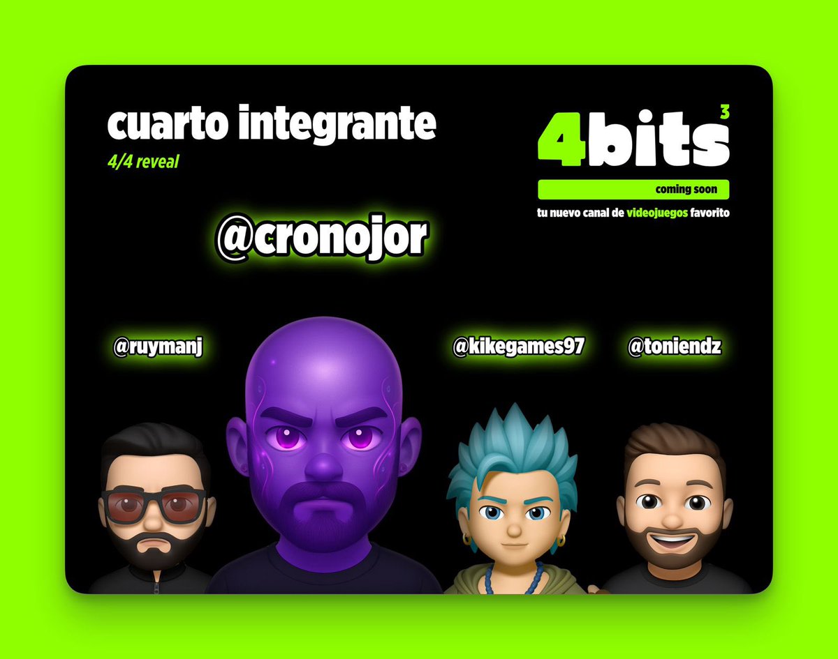 4bitsalcubo's tweet photo. 🕰️ EL GUARDIÁN DEL LORE ESTÁ AQUÍ 🕰️

Revelado @cronojor como el cuarto de 4BitsAlCubo 🫱🏻‍🫲🏼

Crítico con la industria y amante empedernido de los metroidvania y los soulslike.
Si hay una historia que contar o un detalle que descubrir, lo encontrará. 

Pronto arrancamos en YouTube💚 https://t.co/o54yxvnsQT