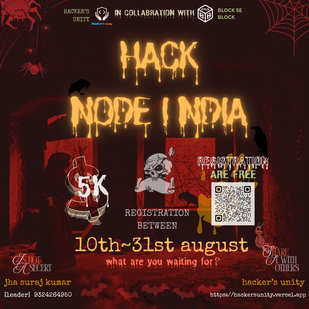 Hackers_Unity's tweet photo. Unleash your inner hacker! Hack Node India is here - free registration, 5K prize, and endless challenges. Are you in?

#WHCLHackathonAlso #HackersUnity
#TechCommunity #HackTheFuture
#CodeTogether #InnovationHub
#TechRevolution #HackathonLife https://t.co/x3zEwghq4J