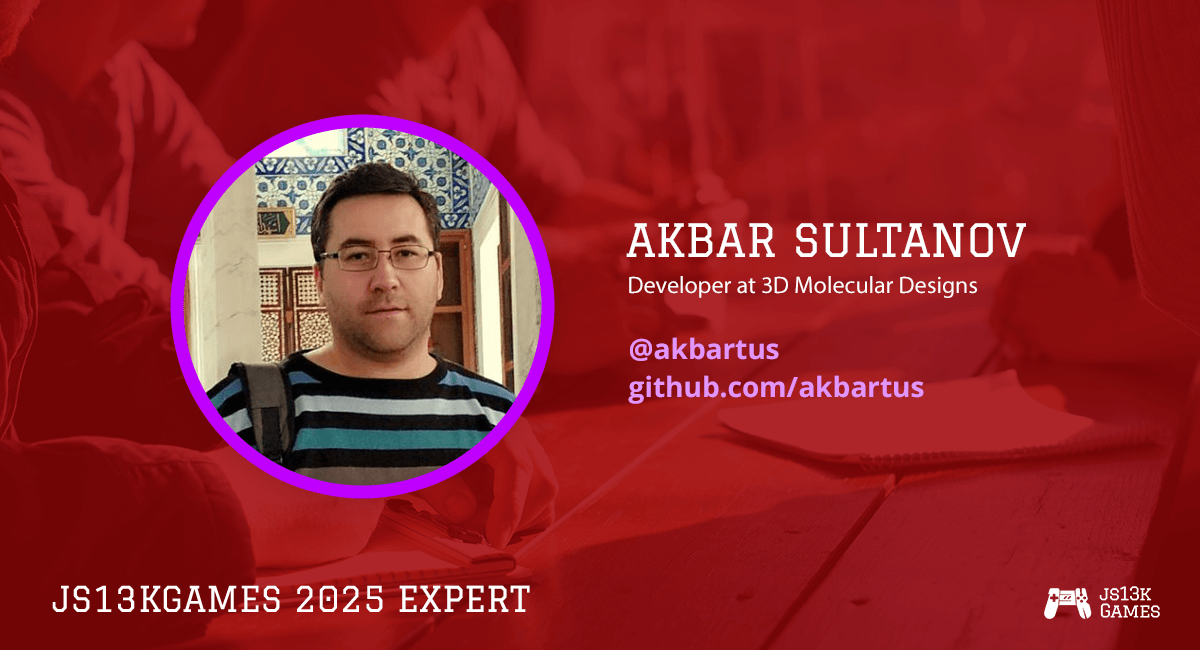 Welcoming Akbar Sultanov <a href="/akbartus/">Akbartus</a>, developer at <a href="/3DMolDesigns/">3D Molecular Designs</a>, and our #WebXR expert in #js13k 2025!

js13kgames.com/2025/experts#a…

#gamedev #gamedevjs #3D #AI #ML <a href="/aframevr/">A-Frame</a>