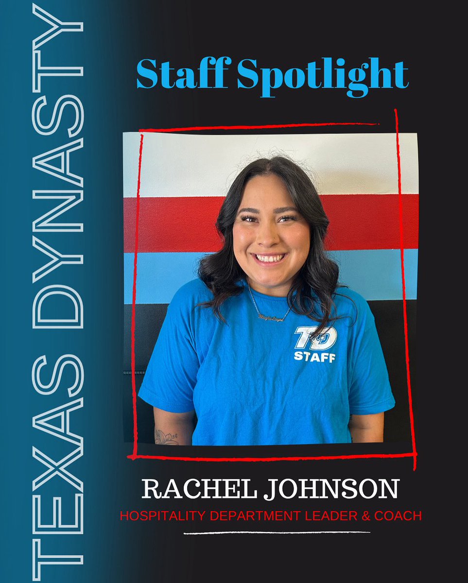 TexasDynasty's tweet photo. Our first Staff Spotlight is the first person you see when you walk through our door! 

👋 Meet Rachel — she’s been part of the TXD family for 1 year as our amazing Hospitality Department Leader and a Recreational Coach! 💙

#TexasDynasty #TXDStaffSpotlight #MeetTheTeam https://t.co/8T1jplE4g6