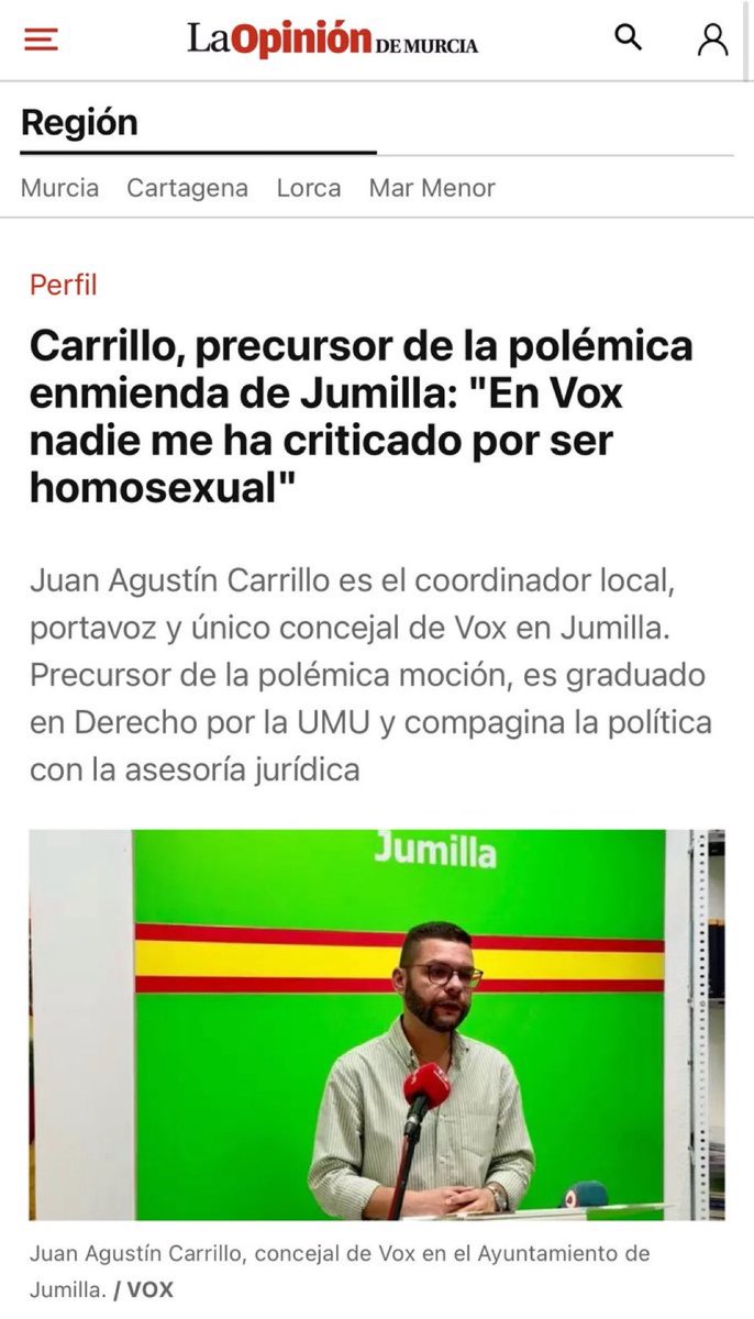 FrenteLGTBI 🏳️🌈 Somos Gays y patriotas 🇪🇸 (@frentelgtbi) on Twitter photo El que diga que no se puede ser homosexual , estar casado y cargo público de VOX , es un mentiroso. Un abrazo muy fuerte compañero <a href="/JuanAgusCarri/">Juan Agus Carrillo 🇪🇸🇪🇸</a> y ya sabes, cada vez somos más los homosexuales no colectivizados. #SóloQuedaVOX 🇪🇸
<a href="/vox_es/">VOX 🇪🇸</a> <a href="/Vox_Murcia/">VOX Murcia</a> El que diga que no se puede ser homosexual , estar casado y cargo público de VOX , es un mentiroso. Un abrazo muy fuerte compañero <a href="/JuanAgusCarri/">Juan Agus Carrillo 🇪🇸🇪🇸</a> y ya sabes, cada vez somos más los homosexuales no colectivizados. #SóloQuedaVOX 🇪🇸
<a href="/vox_es/">VOX 🇪🇸</a> <a href="/Vox_Murcia/">VOX Murcia</a>
