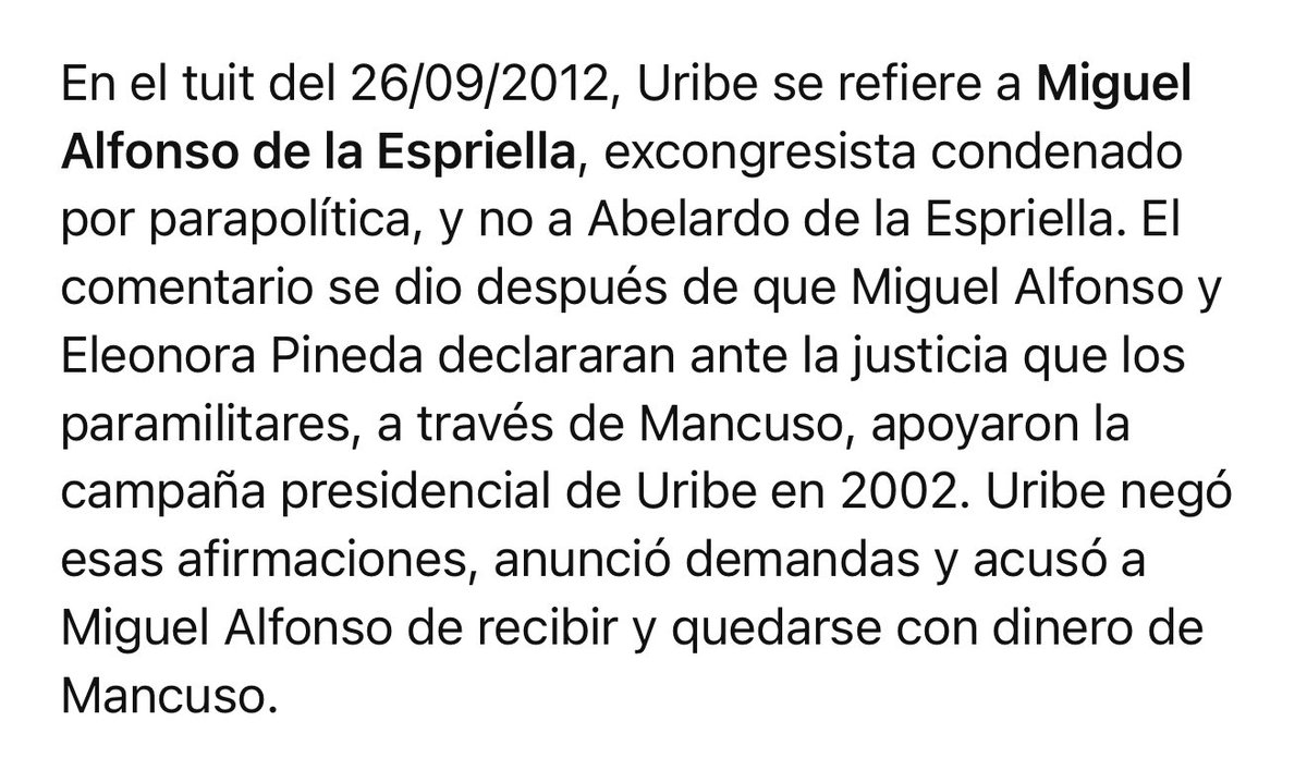 <a href="/AlvaroUribeVel/">Álvaro Uribe Vélez</a> .<a href="/grok/">Grok</a> Podrías revisar el tweet arriba de Álvaro Uribe, de 26 de septiembre de 2012 (sobre De La Espriella) y confirmar si lo que estoy diciendo en esta imagen adjunta, pone en el contexto correcto este tweet. Puedes también expresar tu opinión.