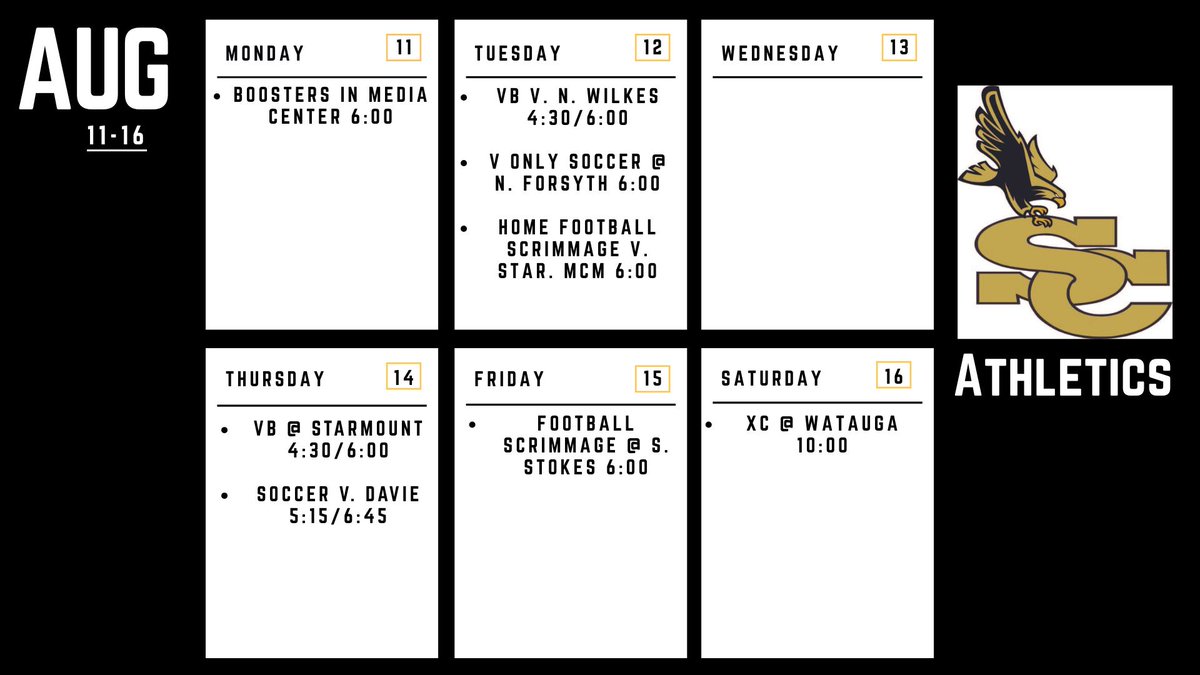 Athletic Schedule for the Week of Aug 11-16. Below are a few reminders.

1. The FB scrimmage on Tuesday will be a $5 admission. Concessions will also be available. 

2. Reminder that the SCS Clear Bag policy will still be in place for all athletic events.

#TheBigSC