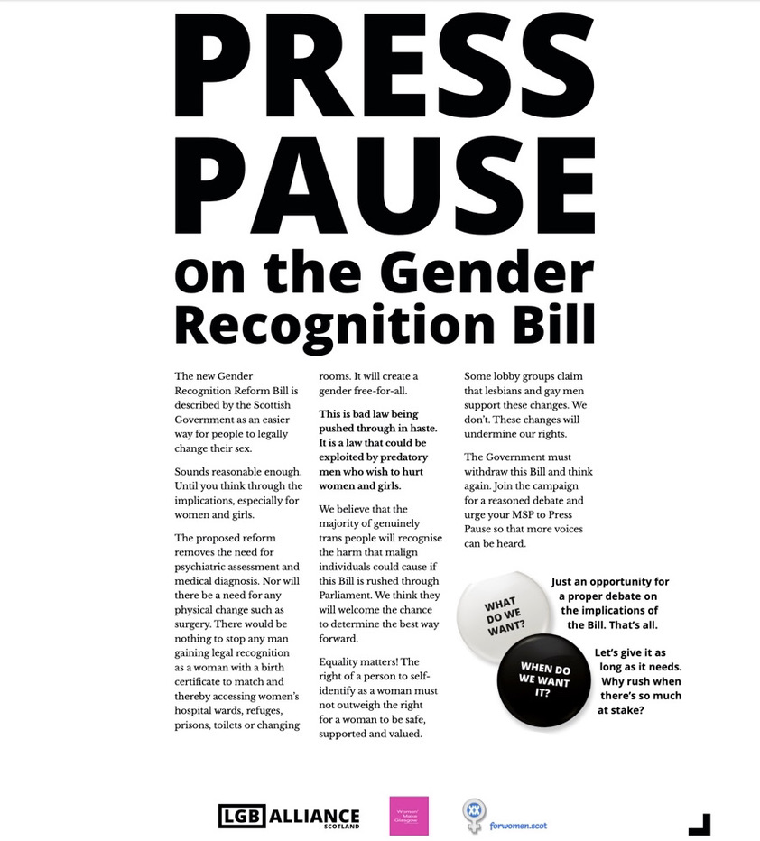Malcolm Clark (@twisterfilm) on Twitter photo Nicola Sturgeon says today she should have paused Gender Self-ID. If only someone had suggested she do just that in January 2020 in full page ads in the Scottish press. Shame <a href="/AllianceLGB/">LGB Alliance</a> and <a href="/ForWomenScot/">For Women Scotland</a> were denounced as transphobic by someone called...err... Nicola Sturgeon. Nicola Sturgeon says today she should have paused Gender Self-ID. If only someone had suggested she do just that in January 2020 in full page ads in the Scottish press. Shame <a href="/AllianceLGB/">LGB Alliance</a> and <a href="/ForWomenScot/">For Women Scotland</a> were denounced as transphobic by someone called...err... Nicola Sturgeon.