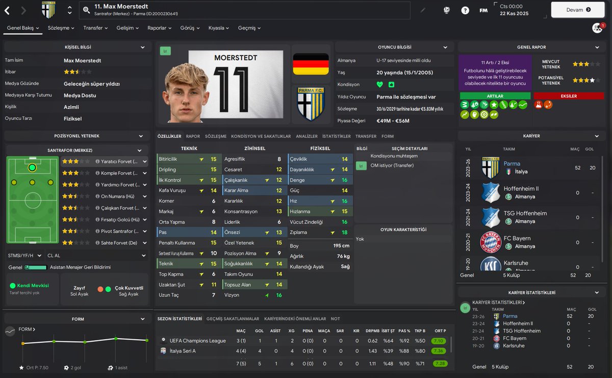 Yüksek potansiyel çıktığında öngörülemez bir oyuncu haline geliyor. Pivot arıyorsanız mutlaka bakın. 3 sezon profilini paylaşıyorum. #FM24