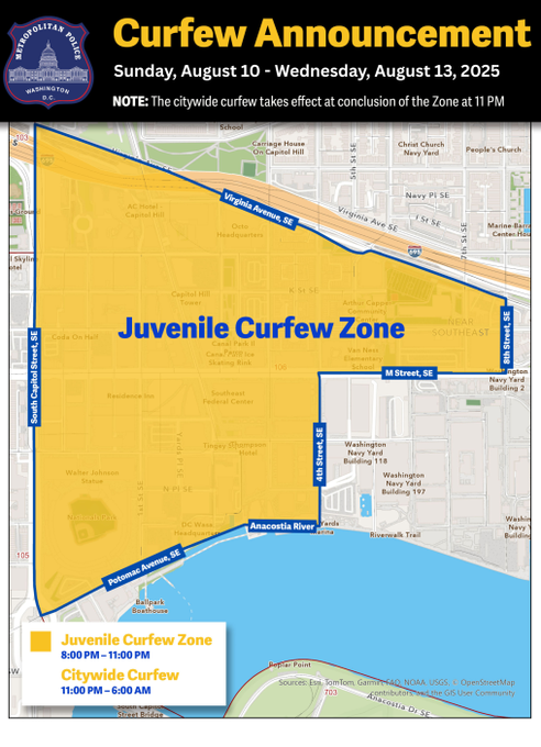 Breaking911's tweet image. 🚨 D.C. police have issued a "Juvenile Curfew Zone" ahead of Pres. Trump's scheduled announcement Monday