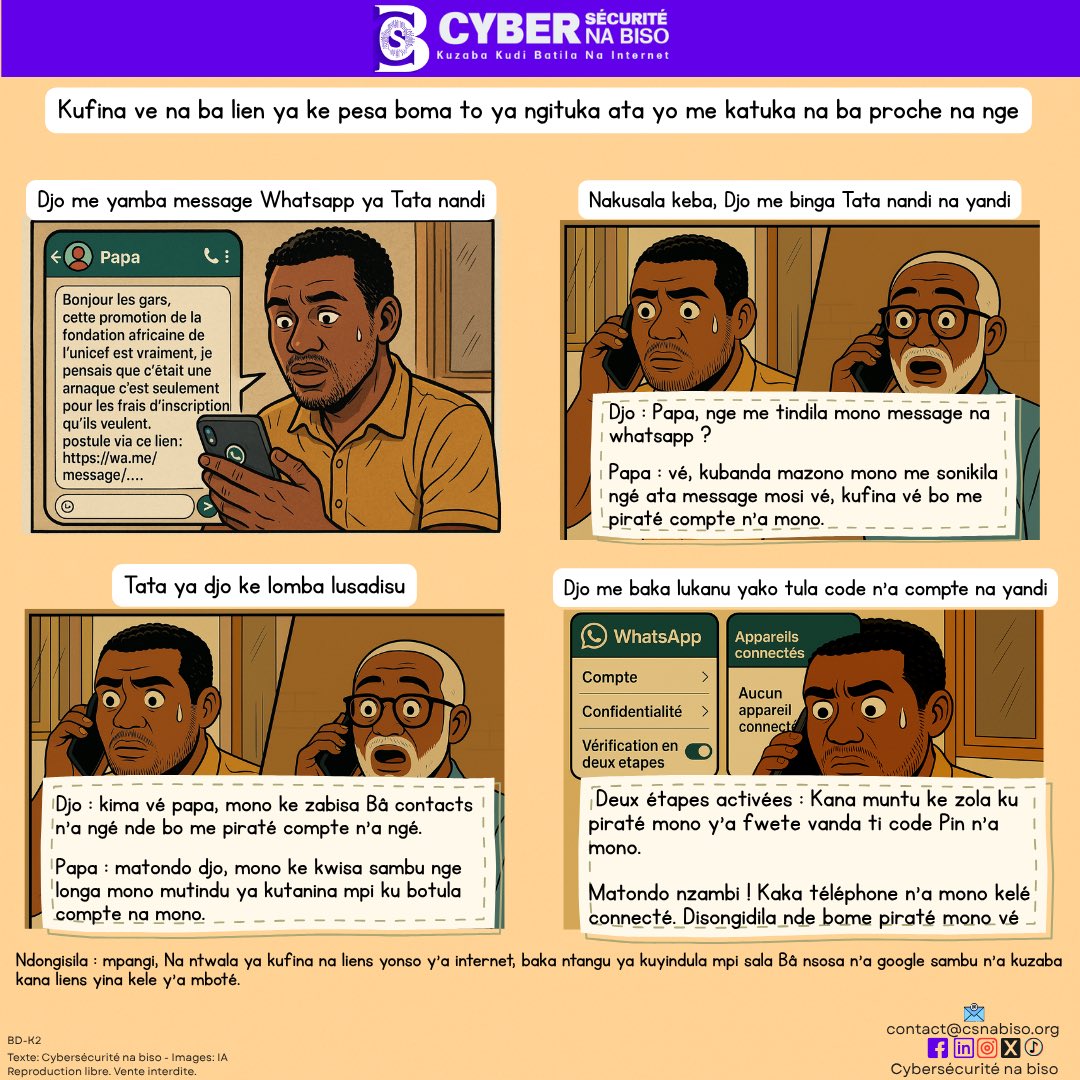 Beto sala keba ! Kele ti mitambu mingi na WhatsApp 

#CybersécuritéNaBiso 
#BetoPanzaNsangu