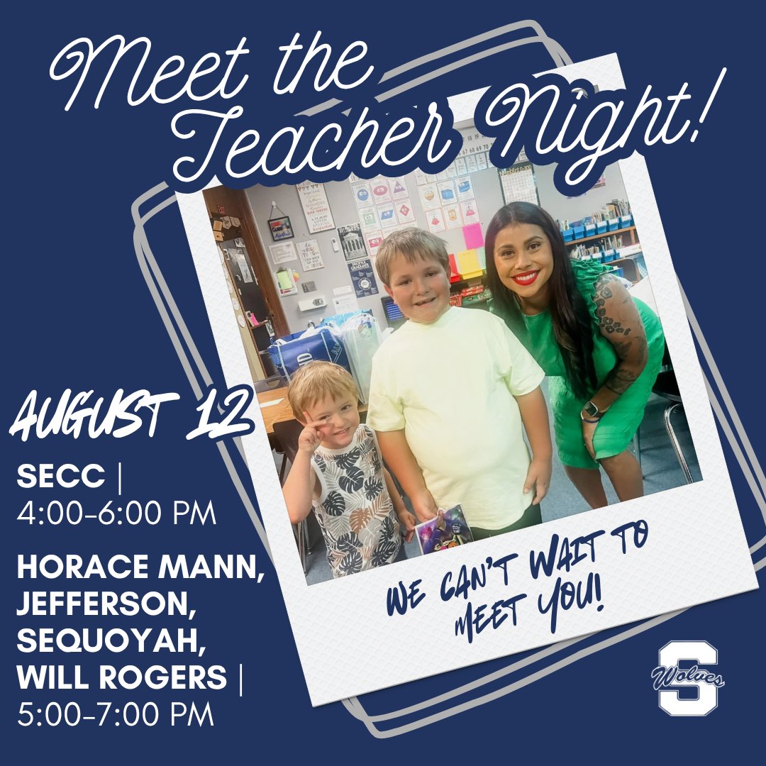 It’s almost time, Wolves! We’re counting down the minutes until we see YOU at Meet the Teacher Night!

🔷 Shawnee Early Childhood Center
🕓 4:00–6:00 PM

🔷 Horace Mann, Jefferson, Sequoyah &amp; Will Rogers
🕔 5:00–7:00 PM

#GoWolves #ShawneeStrong #OklaEd
