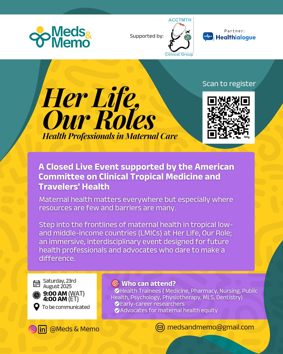 If you are a health trainee (Medicine, Pharmacy, Nursing, Public Health, Psychology, Physiotherapy, MLS, Dentistry), an early-career researcher, and an advocate for maternal health equity, you should join this 👇 closed live event supported by <a href="/ACCTMTH/">ASTMH Clinical Group</a> <a href="/ASTMH/">ASTMH</a>