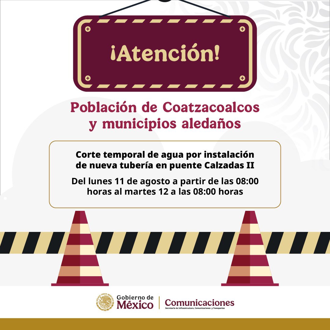 #Atención |🚨 #QueNoSeTePase 

Con motivo de la instalación de nueva tubería de 18” en el puente Calzadas II, habrá corte temporal en el suministro de agua potable.
 
Iniciará el lunes 11 de agosto a partir de las 08:00 horas y se restablecerá el martes 12 a las 08:00 horas.

👇