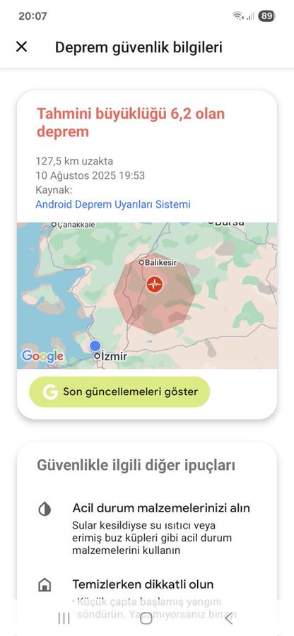 Google depremi hissetmeden 1 dakika önce bildirim yolladı dışarı çıktık oturduk büyük önem taşıyor bu sistem