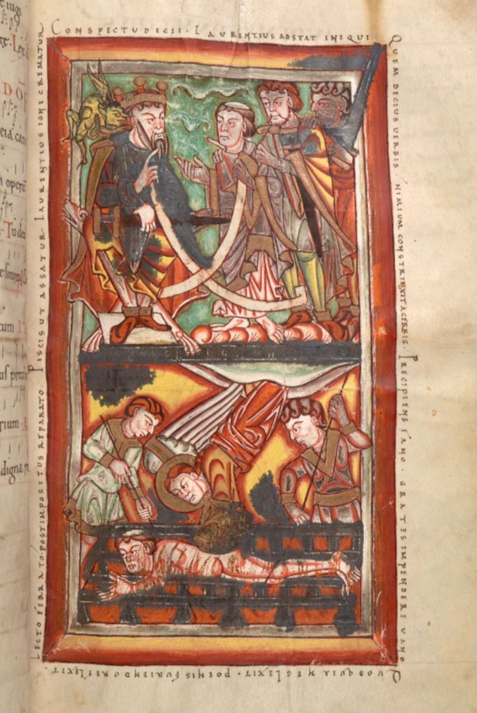 Ennius (@red_loeb) on Twitter photo 10th August is the feast of St Lawrence whose martyrdom on a gridiron is depicted here in the 'Caligula Troper'.
BL Cotton MS Caligula A XIV; The 'Caligula Troper'; 11th century; f.25r <a href="/BLMedieval/">Medieval Manuscripts</a> 10th August is the feast of St Lawrence whose martyrdom on a gridiron is depicted here in the 'Caligula Troper'.
BL Cotton MS Caligula A XIV; The 'Caligula Troper'; 11th century; f.25r <a href="/BLMedieval/">Medieval Manuscripts</a>