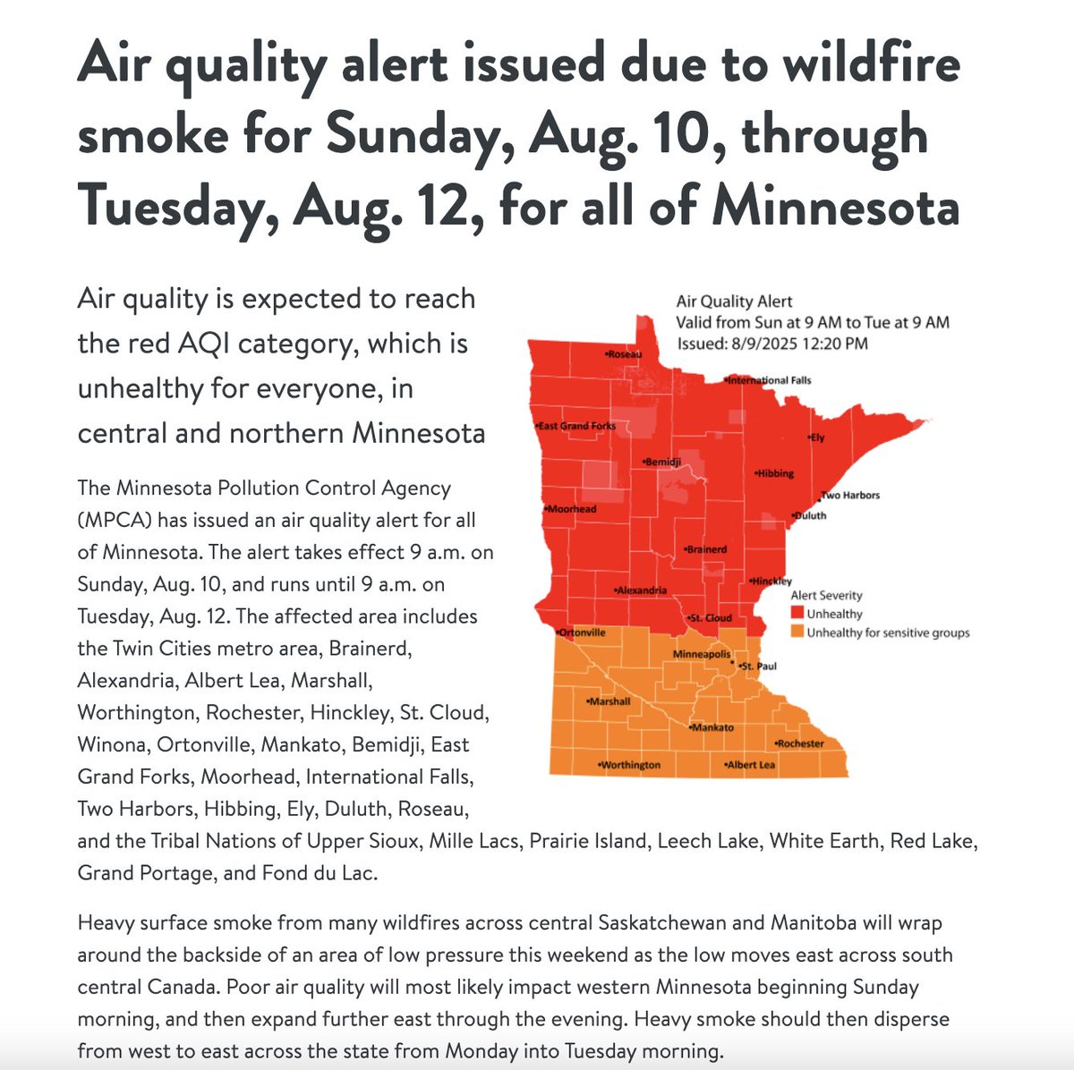 AlphaNewsMN's tweet image. Another air quality alert has been issued for Minnesota through Tuesday due to Canadian wildfire smoke