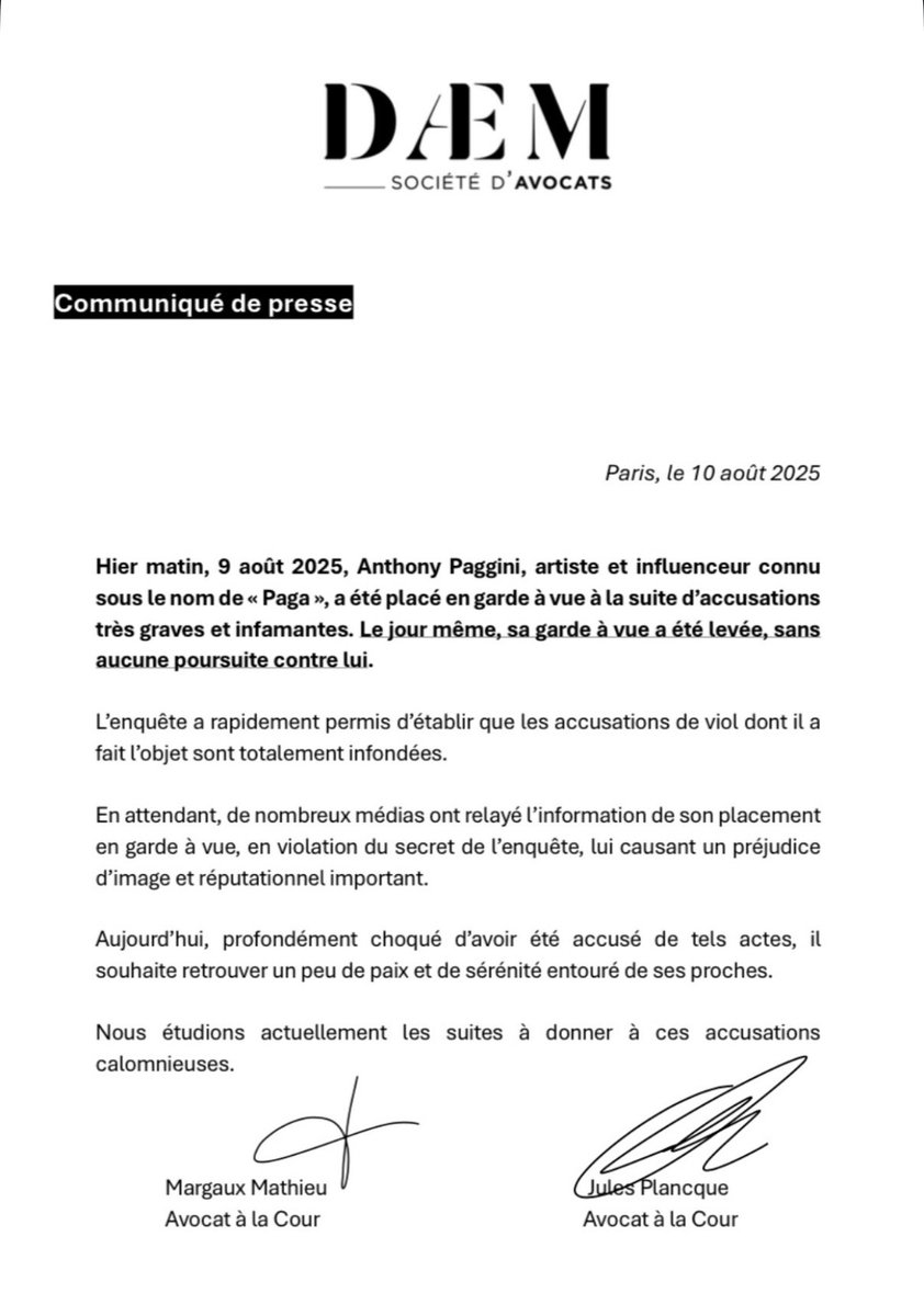 Voici le communiqué des avocats de Anthony Paggini dit « #Paga ».