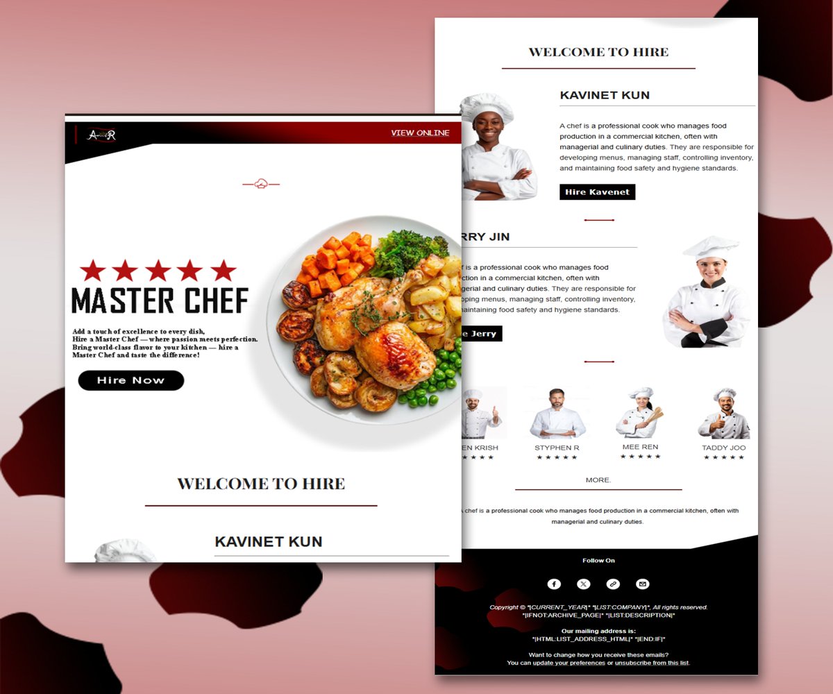 F_Nadrin's tweet image. Chef Recruitment | #MailchimpTemplateDesign
Our #emailtemplates aren’t just visually appealing—they’re #optimized to convert and help you #build the best #kitchenteam.

#EmailMarketing #ChefDesign #Branding 
 #FoodIndustry #ChefBranding #DigitalDesign #PraShiv #Cricket