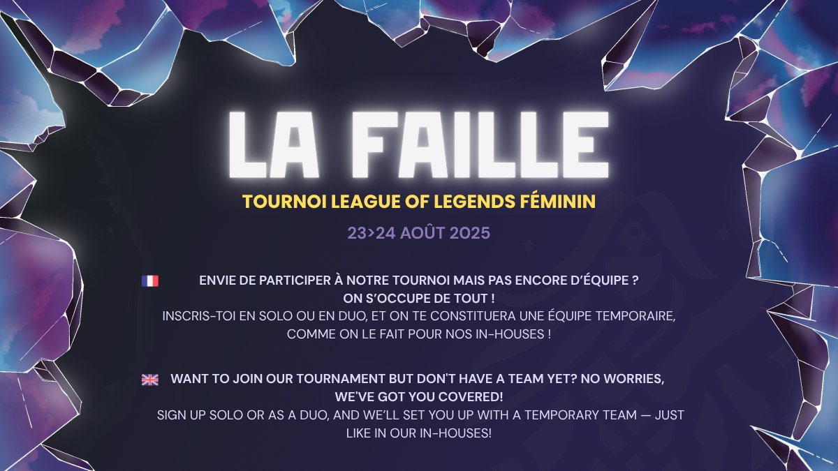 Vous souhaitez participer au tournoi LA FAILLE mais vous n'avez pas d'équipe ? On s'occupe de tout !

Inscrivez vous en solo ou en duo pour rejoindre une équipe temporaire formée par nos soins et profitez de l'expérience compétitive ! ⚔️

Le formulaire : forms.gle/wbYU1bN8yQiT9x…