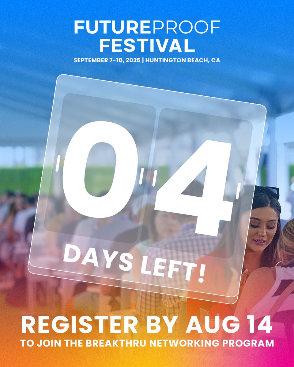 Only 4 days left to join the Breakthru Networking Program.

Instead of business cards, show up to Future Proof Festival with a full schedule of double opt-in meetings.

Join before August 14: hubs.li/Q03C0bCt0