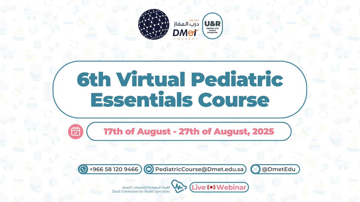 يشرفني أن أكون من ضمن المحاضرين في الكورس الخامس لإعداد زملائنا الاطباء المقيمين للامتحان النهائي لزمالة طب الاطفال ويمكن التسجيل عن طريق الرابط التالي:
dmetedu.com/EZmeQQg
ويمكن استخدام كود (zulfah) والحصول على خصم ٢٠ ٪ 
اتمنى لكم التوفيق ،،،،