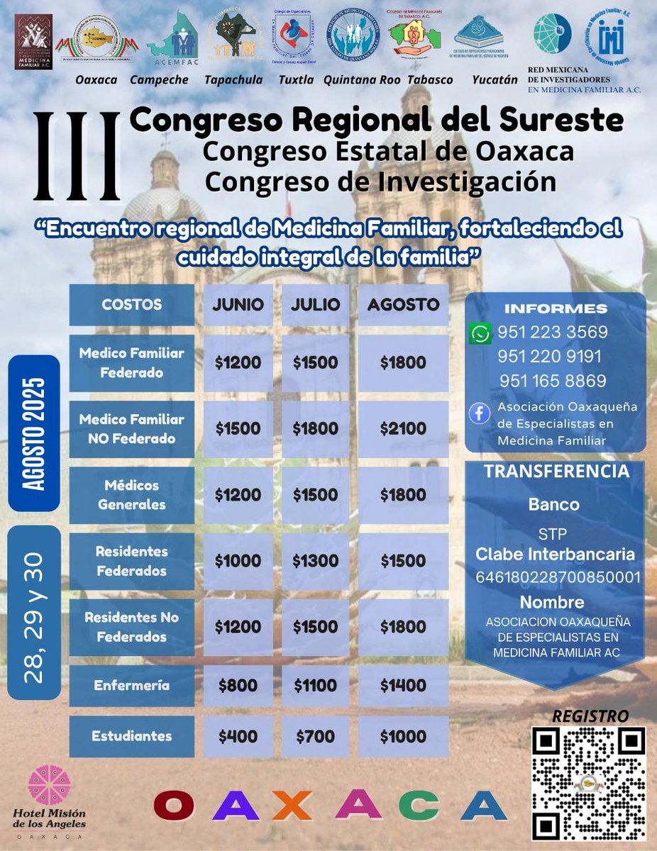 comeftab's tweet photo. ✨ ¡Vive la experiencia del III Congreso Regional del Sureste! ✨
📍 Oaxaca
🗓 28, 29 y 30 de agosto 2025

🎉 Fiesta | 🎭 Tradición | 🏛 Cultura

#MedicinaFamiliar #CongresoRegionalSureste #Oaxaca2025 #SaludFamiliar #CongresoMedico #OaxacaTeEspera https://t.co/aW4rIJuY1i