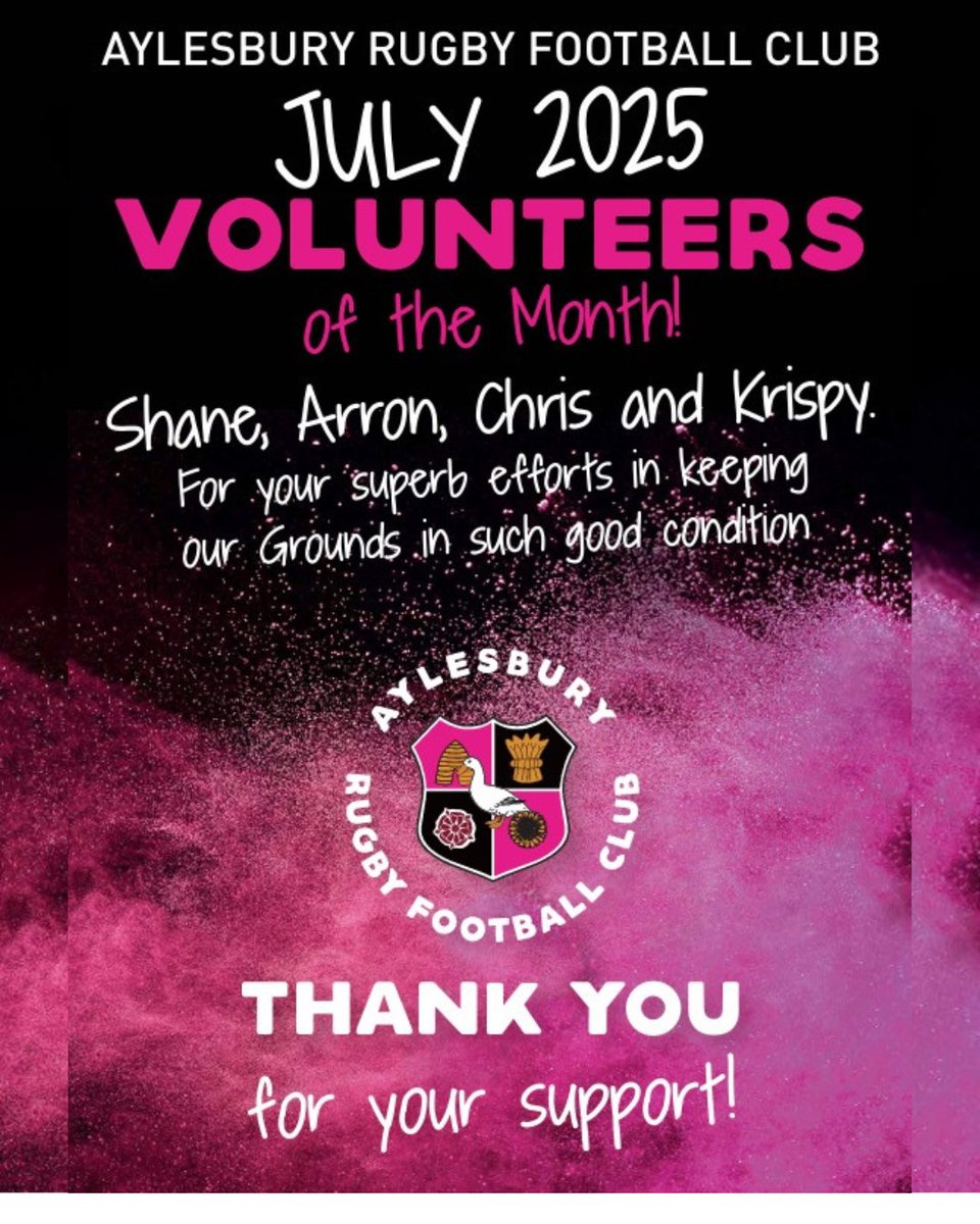 🏆 Congrats to our June Volunteers of the Month: Shane, Arron, Chris, and Krispy from the Grounds Team! 

Your hard work keeps our facilities top-notch for everyone. We appreciate your dedication! 🙌 

#COYAs #GrassrootsRugby #AylesburyRFC #CommunityRugby #MagentaAndBlack