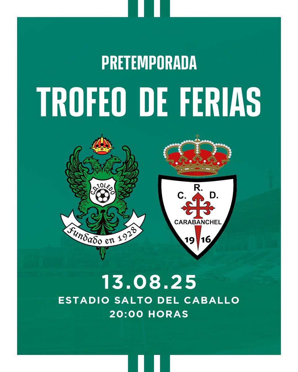 🔜 𝑻𝑹𝑶𝑭𝑬𝑶 𝑫𝑬 𝑭𝑬𝑹𝑰𝑨𝑺 🏆

El <a href="/rcdcarabanchel/">Real Club Deportivo Carabanchel</a> será nuestro rival en la edición número 57 del Trofeo de Ferias. ¡Nos vemos pronto! 

#SiempreCDToledo 💚⚪️