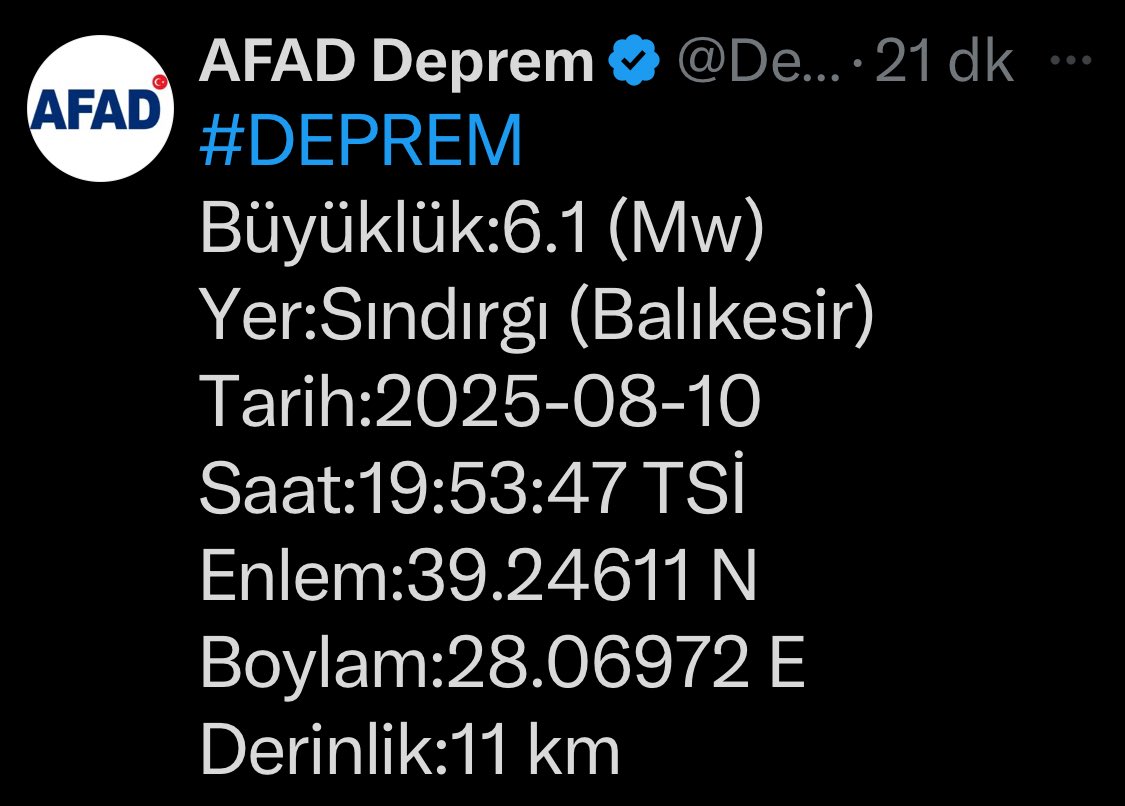 Merkez üssü Balıkesir Sındırgı olan, 6.1 büyüklüğünde depremden etkilenen tüm vatandaşlarımıza geçmiş olsun dileklerimi iletiyorum. Rabbim milletimizi her türlü afet ve felaketlerden korusun.
#Deprem