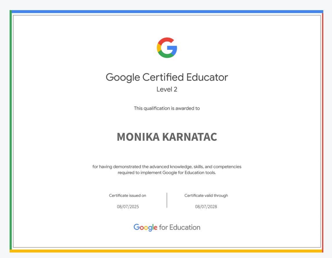 monikakarnatac's tweet photo. Cleared Google Educator Level 2!ππBig thanks to @ashokkp @Ahlconpublic1 @MamthaSays @seemasoniaps @harpreeetkc_geg @amitbajajcrpf @DrNarjeet for their constant guidance and motivation ππ#DigitalEmpowerment #GoogleEdu #GCELevel2 #keeplearning #DigitalLearning #EdTechTools https://t.co/KpYV5kdpKh